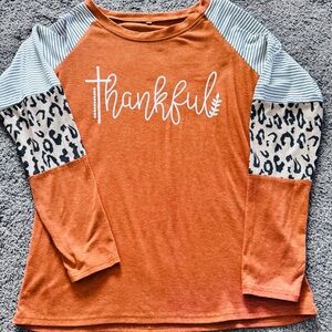 Thankful Long Sleeve Tee with Leopard & Stripe Sleeves - Orange
